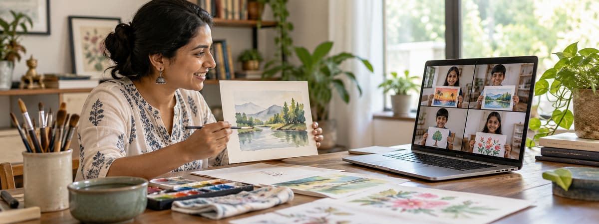 Art teacher guiding students through an online class